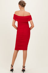 Red Ruched Mesh Off Shoulder Maternity Midi Dress