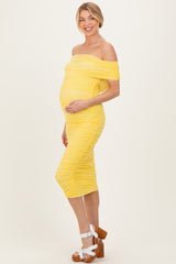 Lemon Ruched Mesh Off Shoulder Maternity Midi Dress
