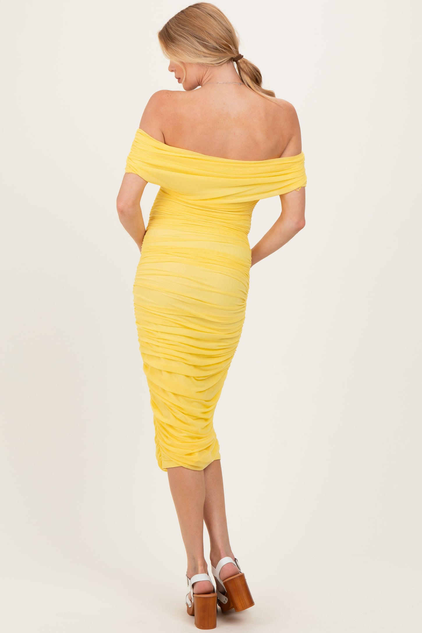 Lemon Ruched Mesh Off Shoulder Maternity Midi Dress