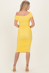 Lemon Ruched Mesh Off Shoulder Midi Dress