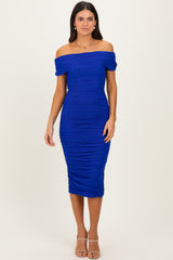 Royal Blue Ruched Mesh Off Shoulder Midi Dress