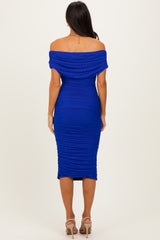 Royal Blue Ruched Mesh Off Shoulder Midi Dress