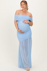 Baby Blue Ruched Mesh Off Shoulder Maternity Maxi Dress