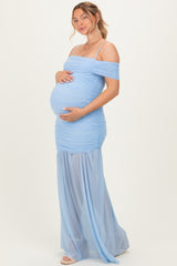 Baby Blue Ruched Mesh Off Shoulder Maternity Maxi Dress