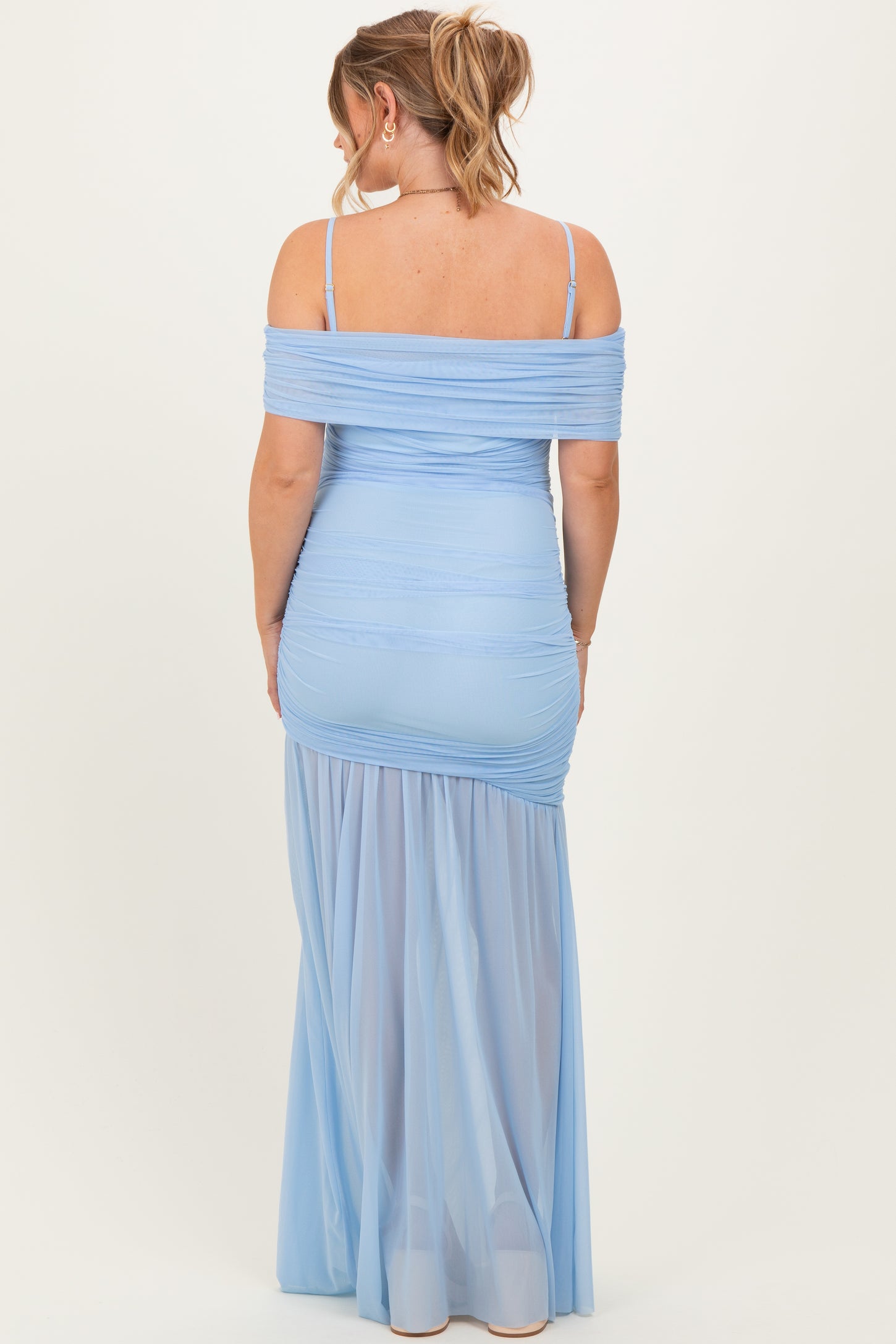 Baby Blue Ruched Mesh Off Shoulder Maternity Maxi Dress