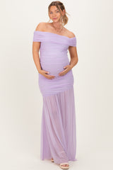 Lavender Ruched Mesh Off Shoulder Maternity Maxi Dress