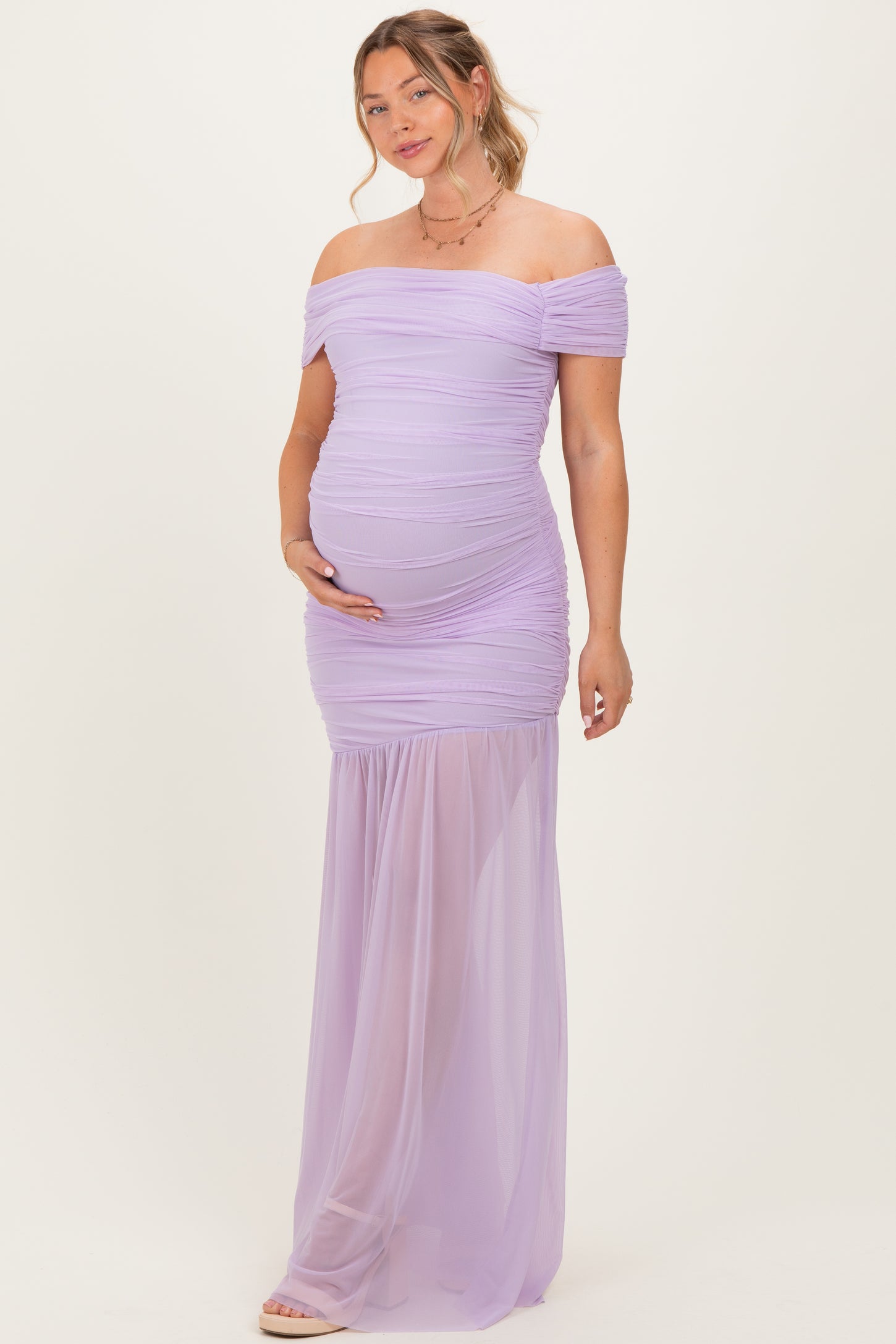 Lavender Ruched Mesh Off Shoulder Maternity Maxi Dress