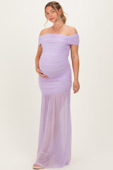 Lavender Ruched Mesh Off Shoulder Maternity Maxi Dress