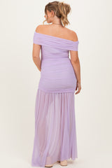 Lavender Ruched Mesh Off Shoulder Maternity Maxi Dress