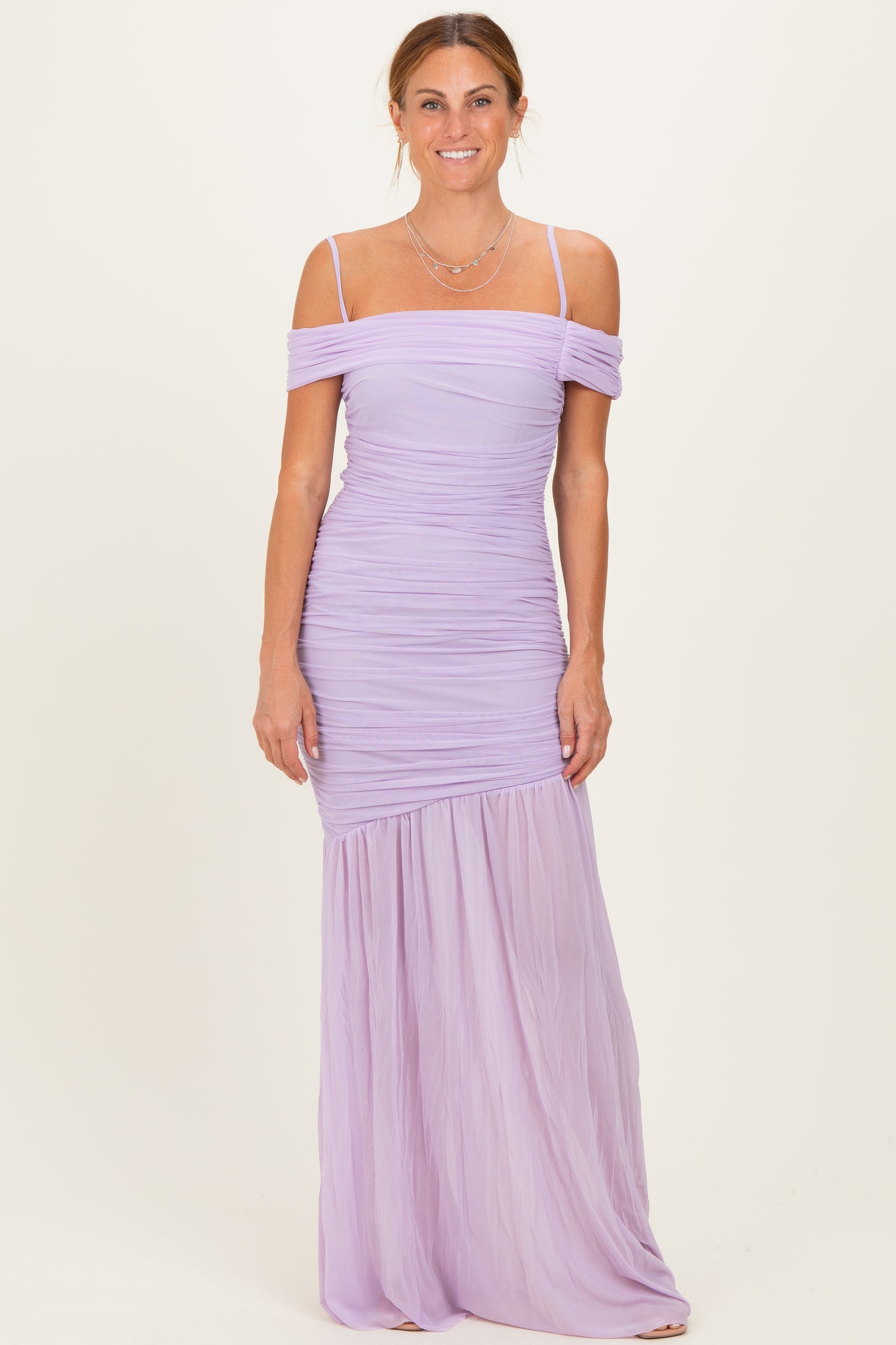 Lavender Ruched Mesh Off Shoulder Maxi Dress – PinkBlush
