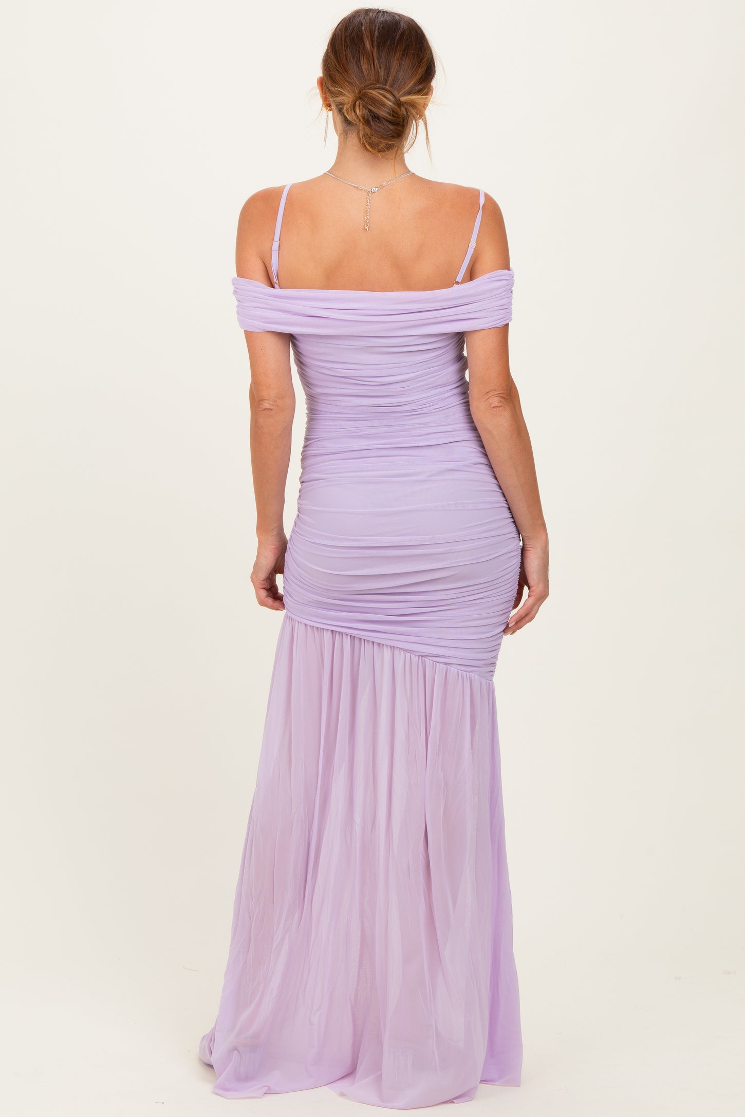 Lavender Ruched Mesh Off Shoulder Maxi Dress Lavender Ruched Mesh Off Shoulder Maxi Dress