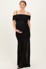 Black Ruched Mesh Off Shoulder Maternity Maxi Dress