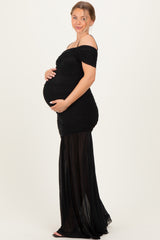 Black Ruched Mesh Off Shoulder Maternity Maxi Dress