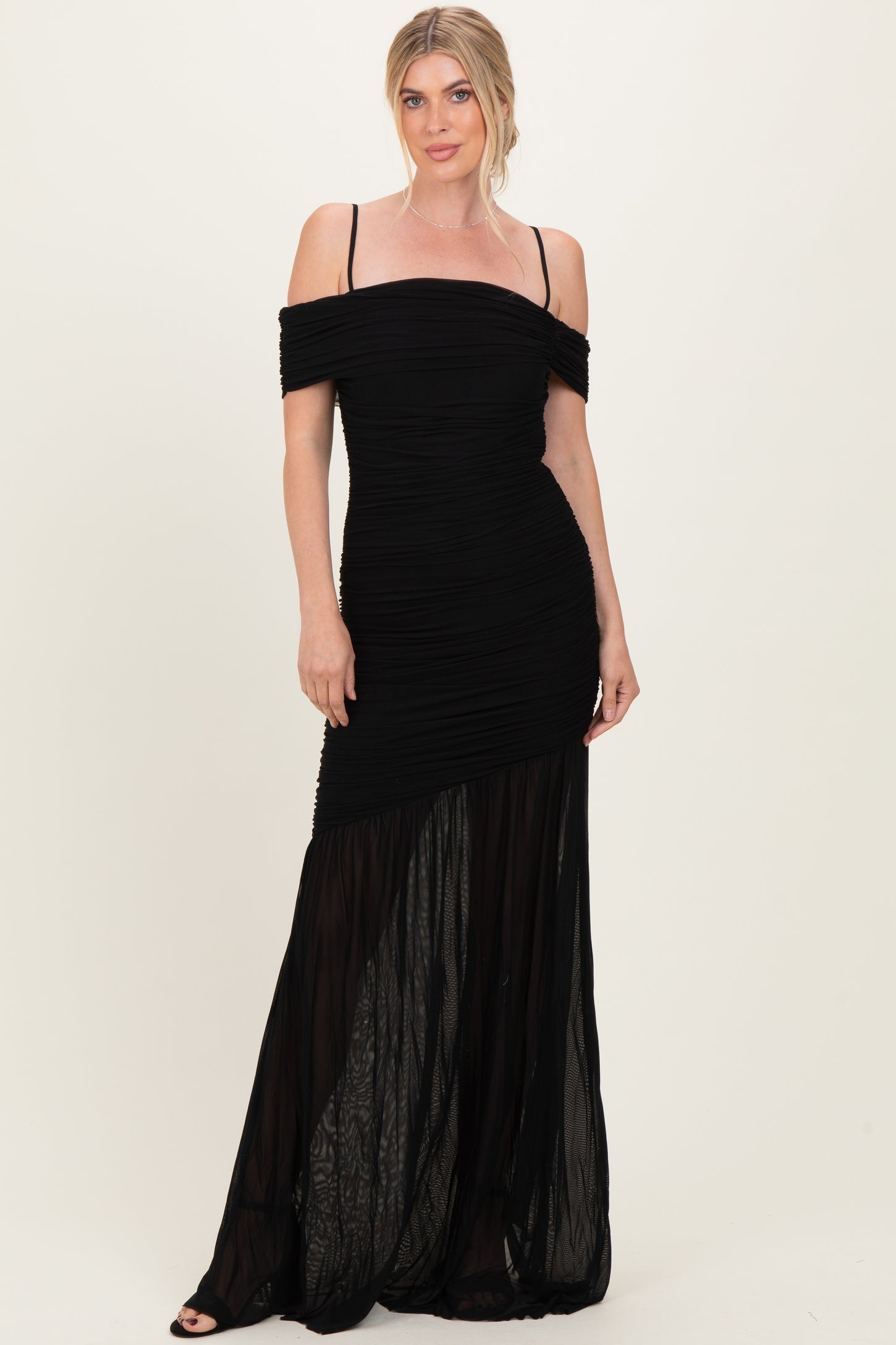 black mesh off the shoulder dress Ruched Off-Shoulder Mesh-Sleeve Mermaid Maxi Dress