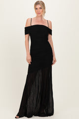 Black Ruched Mesh Off Shoulder Maternity Maxi Dress