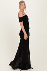 Black Ruched Mesh Off Shoulder Maxi Dress