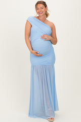 Baby Blue Ruched Mesh One Shoulder Maternity Maxi Dress