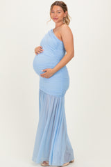 Baby Blue Ruched Mesh One Shoulder Maternity Maxi Dress