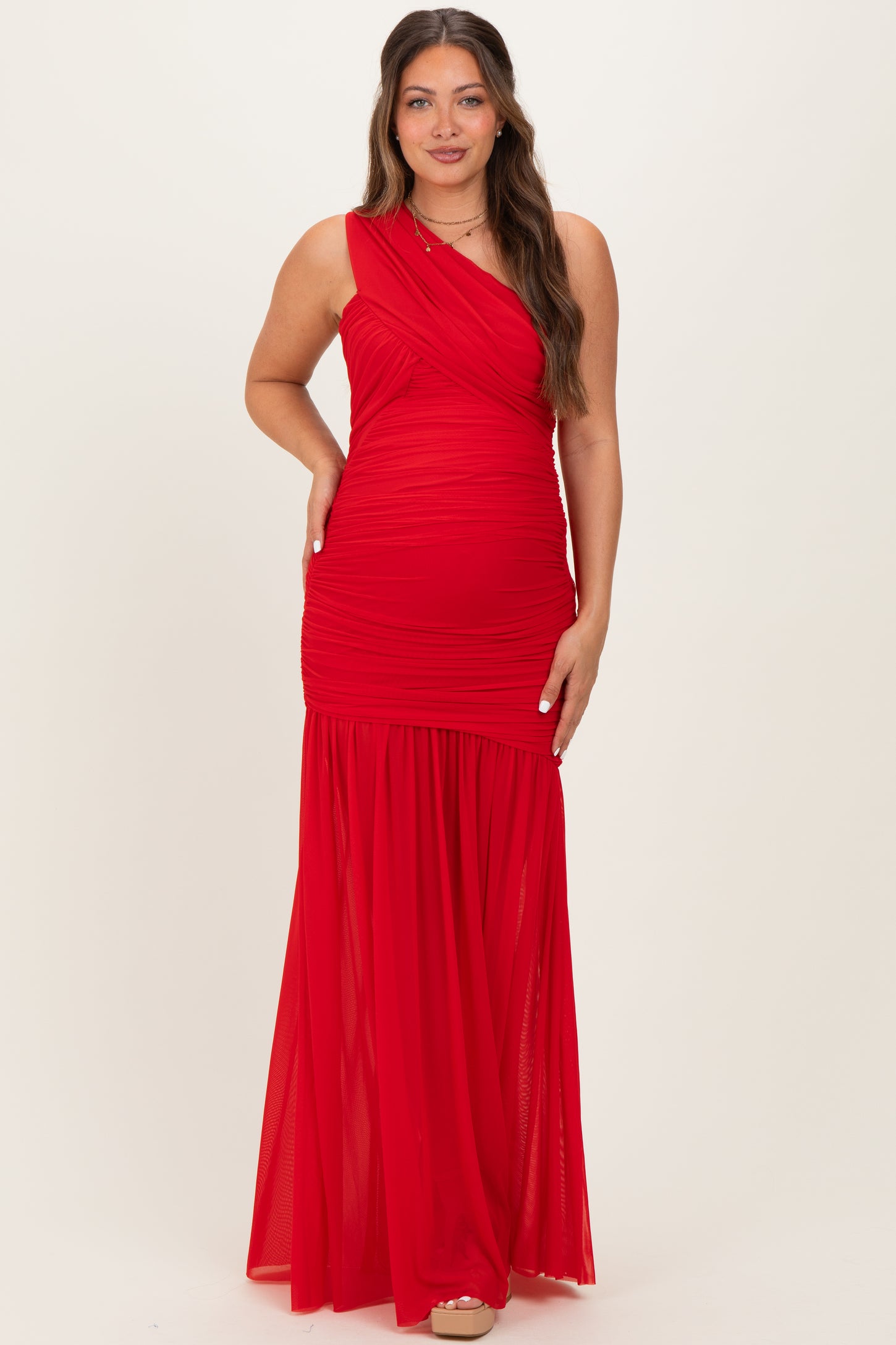 Red Ruched Mesh One Shoulder Maternity Maxi Dress
