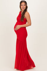 Red Ruched Mesh One Shoulder Maternity Maxi Dress