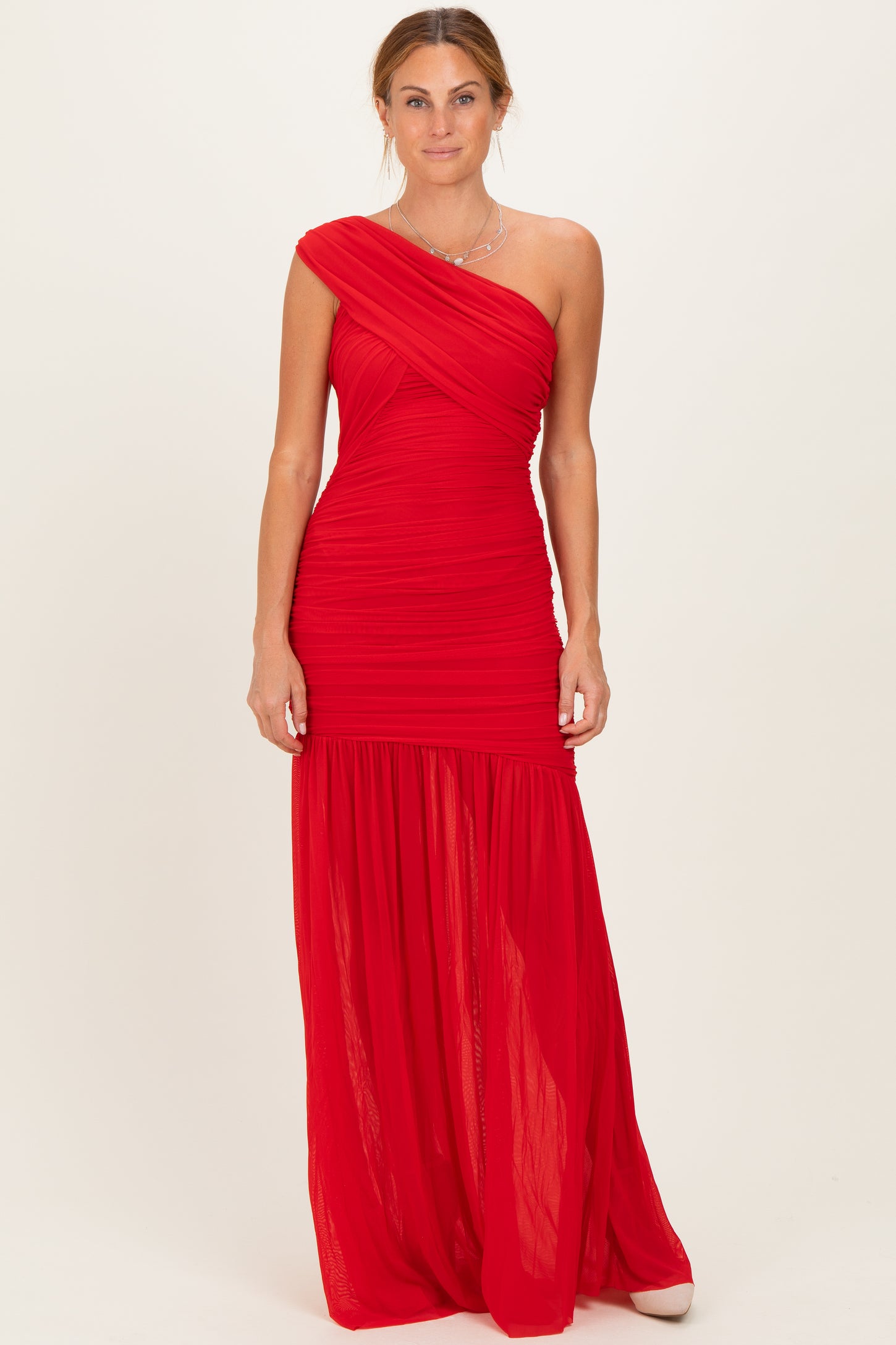 Red Ruched Mesh One Shoulder Maxi Dress
