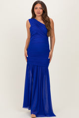 Royal Blue Ruched Mesh One Shoulder Maternity Maxi Dress