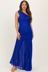 Royal Blue Ruched Mesh One Shoulder Maternity Maxi Dress