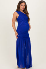Royal Blue Ruched Mesh One Shoulder Maternity Maxi Dress