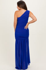 Royal Blue Ruched Mesh One Shoulder Maternity Maxi Dress