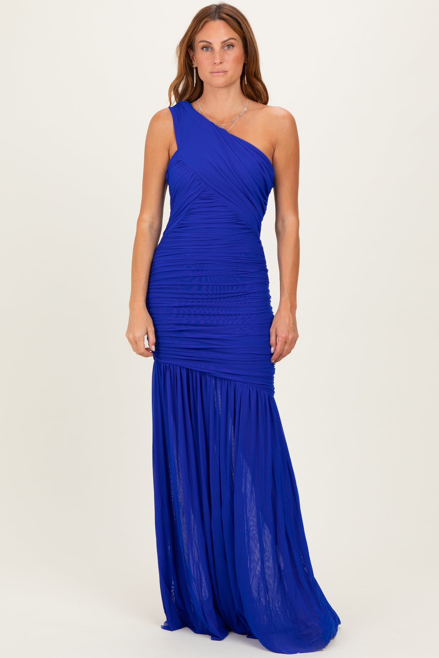 Royal Blue Ruched Mesh One Shoulder Maxi Dress Royal Blue Ruched Mesh One Shoulder Maxi Dress