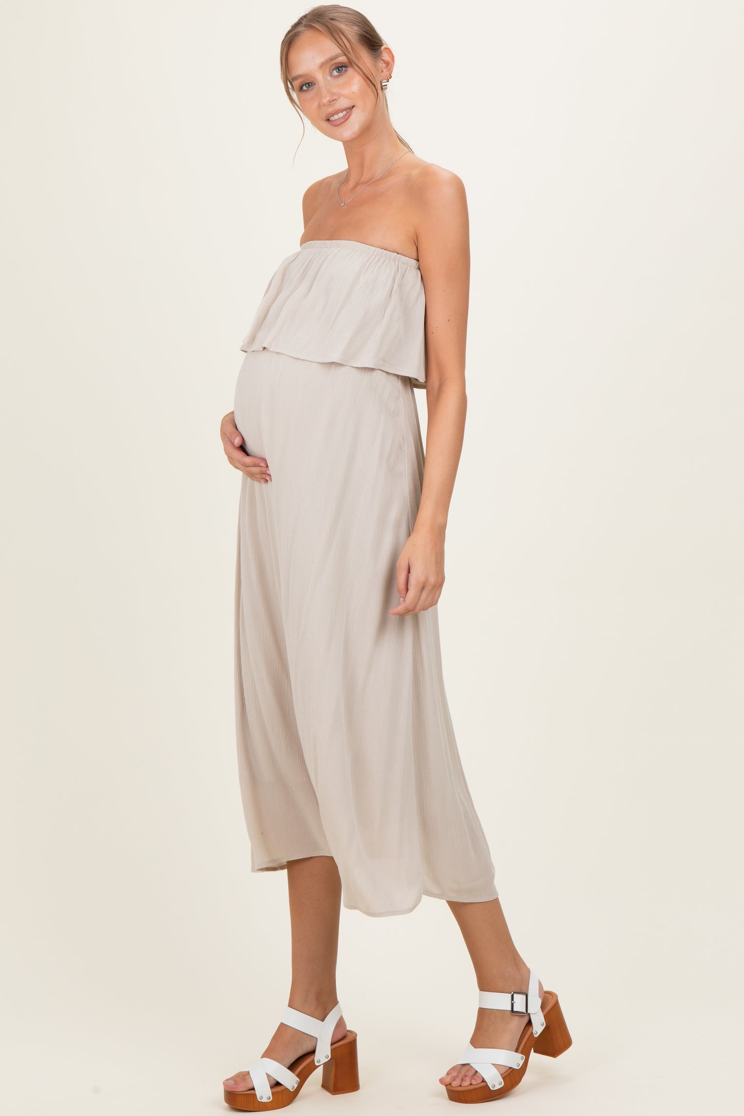 Sand Beige Woven Crinkle Flounce Strapless Maternity Maxi Dress