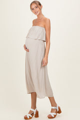 Sand Beige Woven Crinkle Flounce Strapless Maternity Maxi Dress