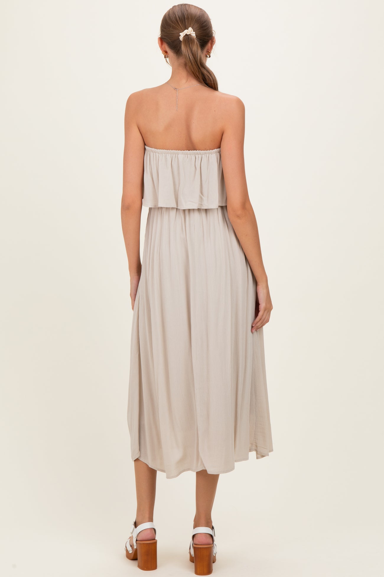 Sand Beige Woven Crinkle Flounce Strapless Maternity Maxi Dress