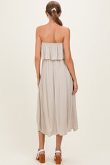 Sand Beige Woven Crinkle Flounce Strapless Maternity Maxi Dress