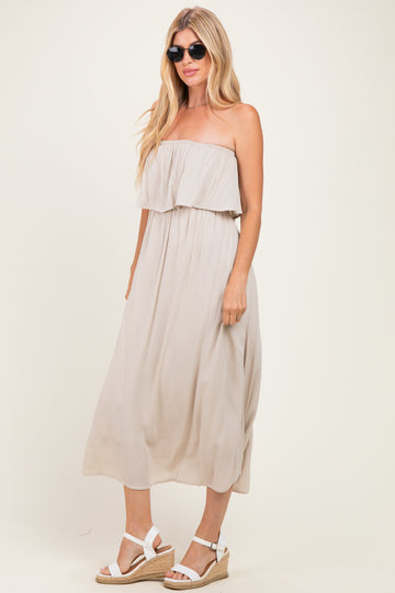 Sand Beige Woven Crinkle Flounce Strapless Maxi Dress