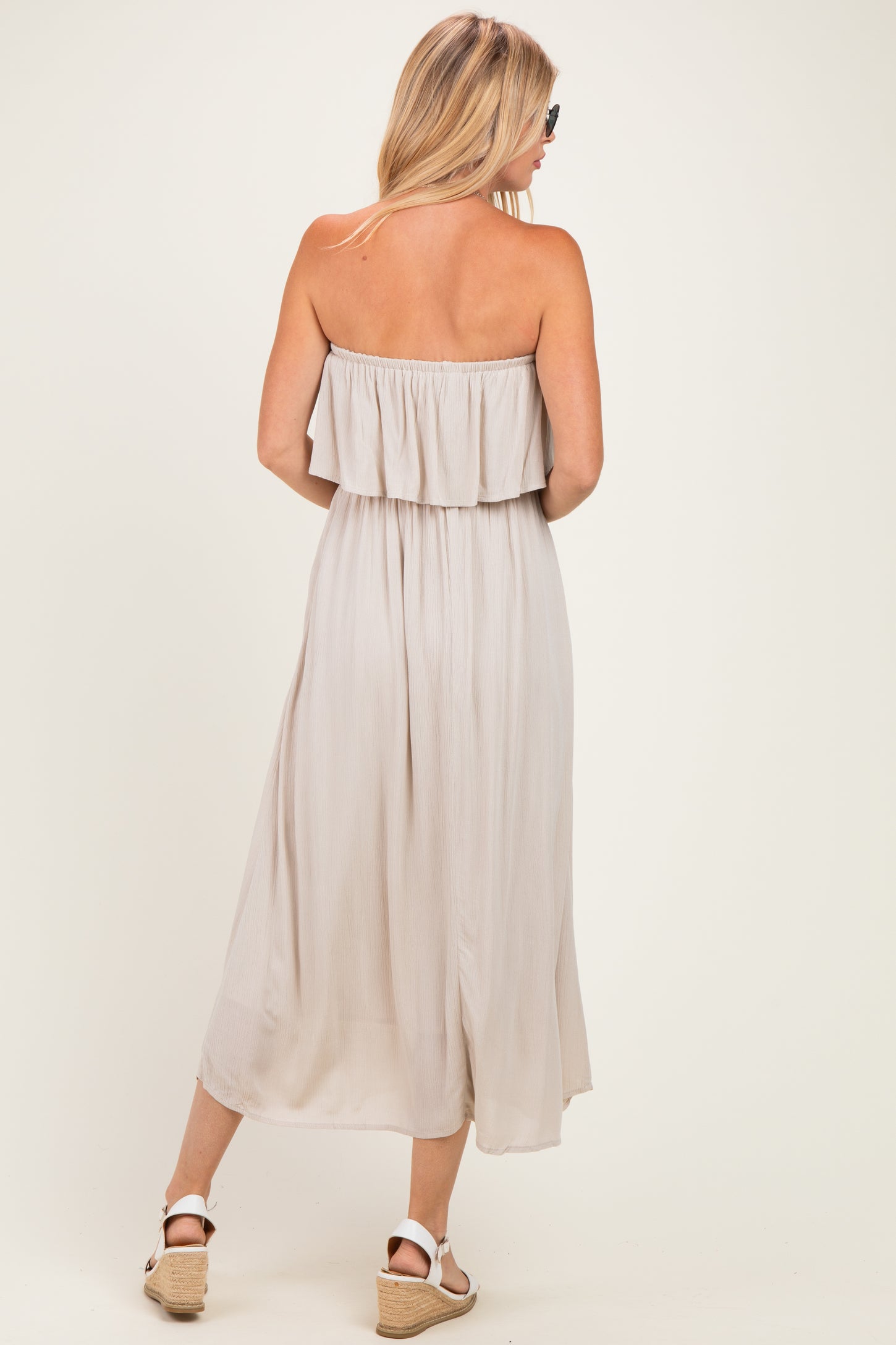 Sand Beige Woven Crinkle Flounce Strapless Maxi Dress