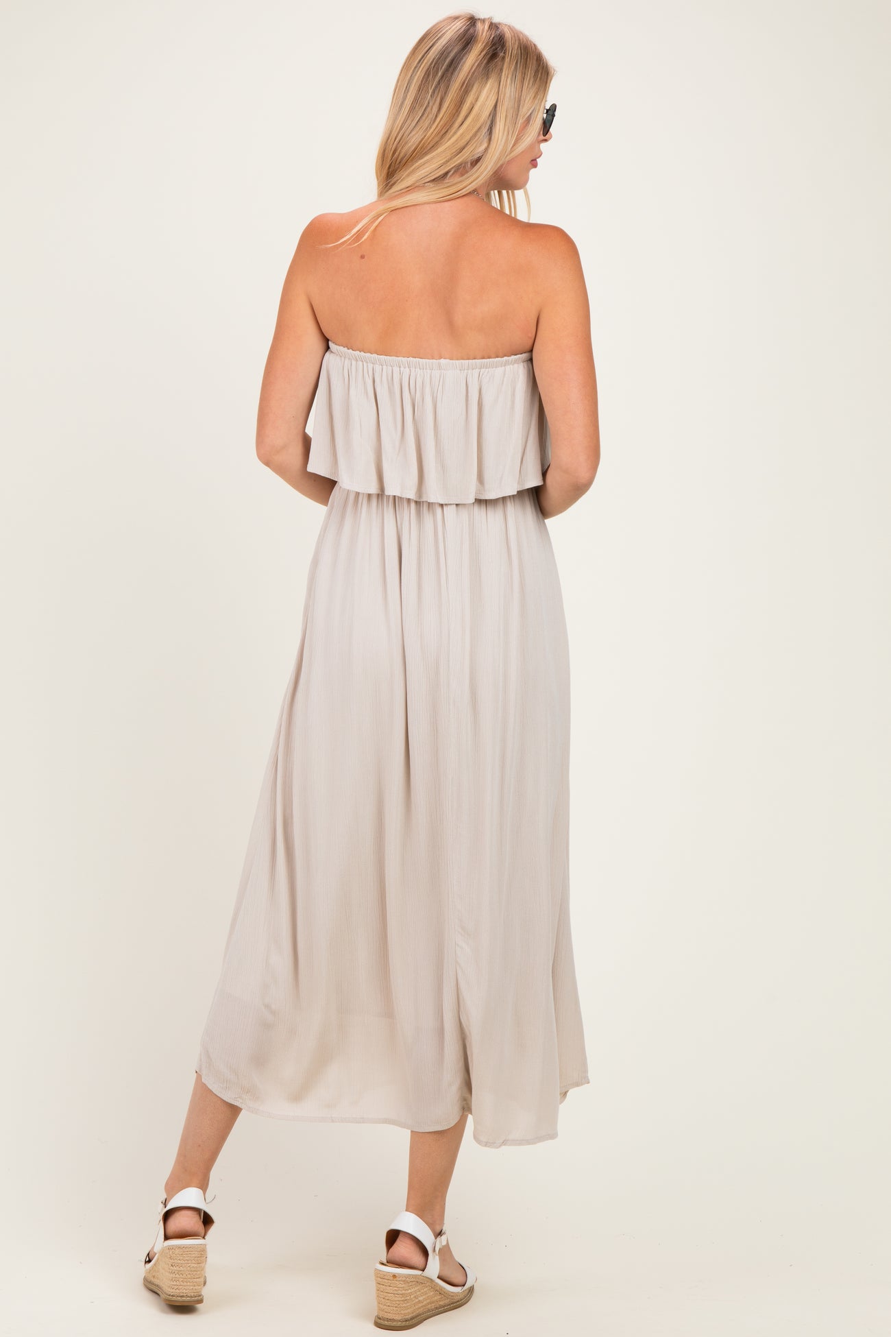 Sand Beige Woven Crinkle Flounce Strapless Maxi Dress