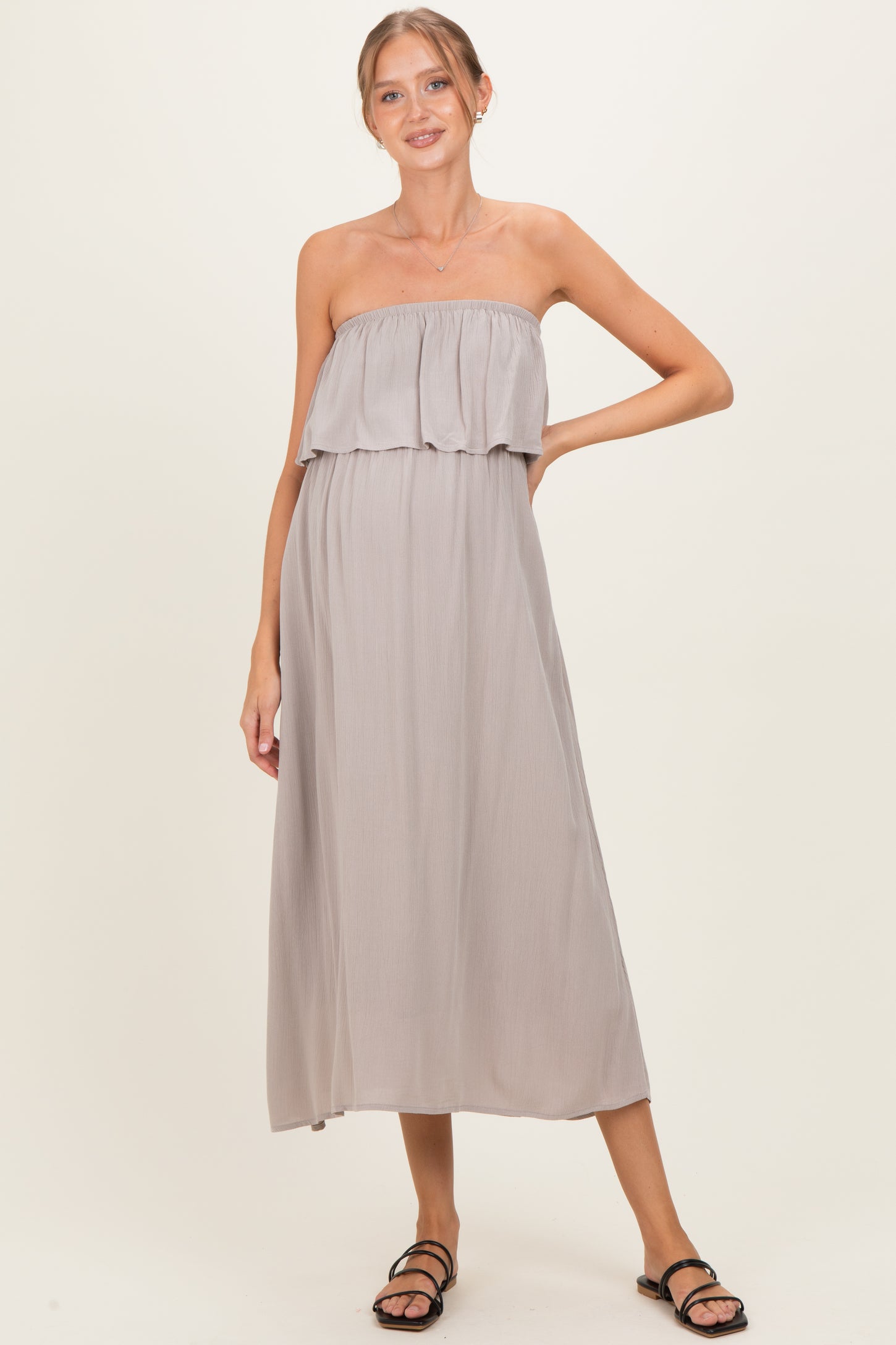 Ash Mocha Woven Crinkle Flounce Strapless Maternity Maxi Dress