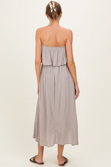 Ash Mocha Woven Crinkle Flounce Strapless Maternity Maxi Dress