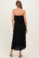 Black Woven Crinkle Flounce Strapless Maternity Maxi Dress
