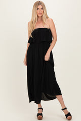Black Woven Crinkle Flounce Strapless Maternity Maxi Dress