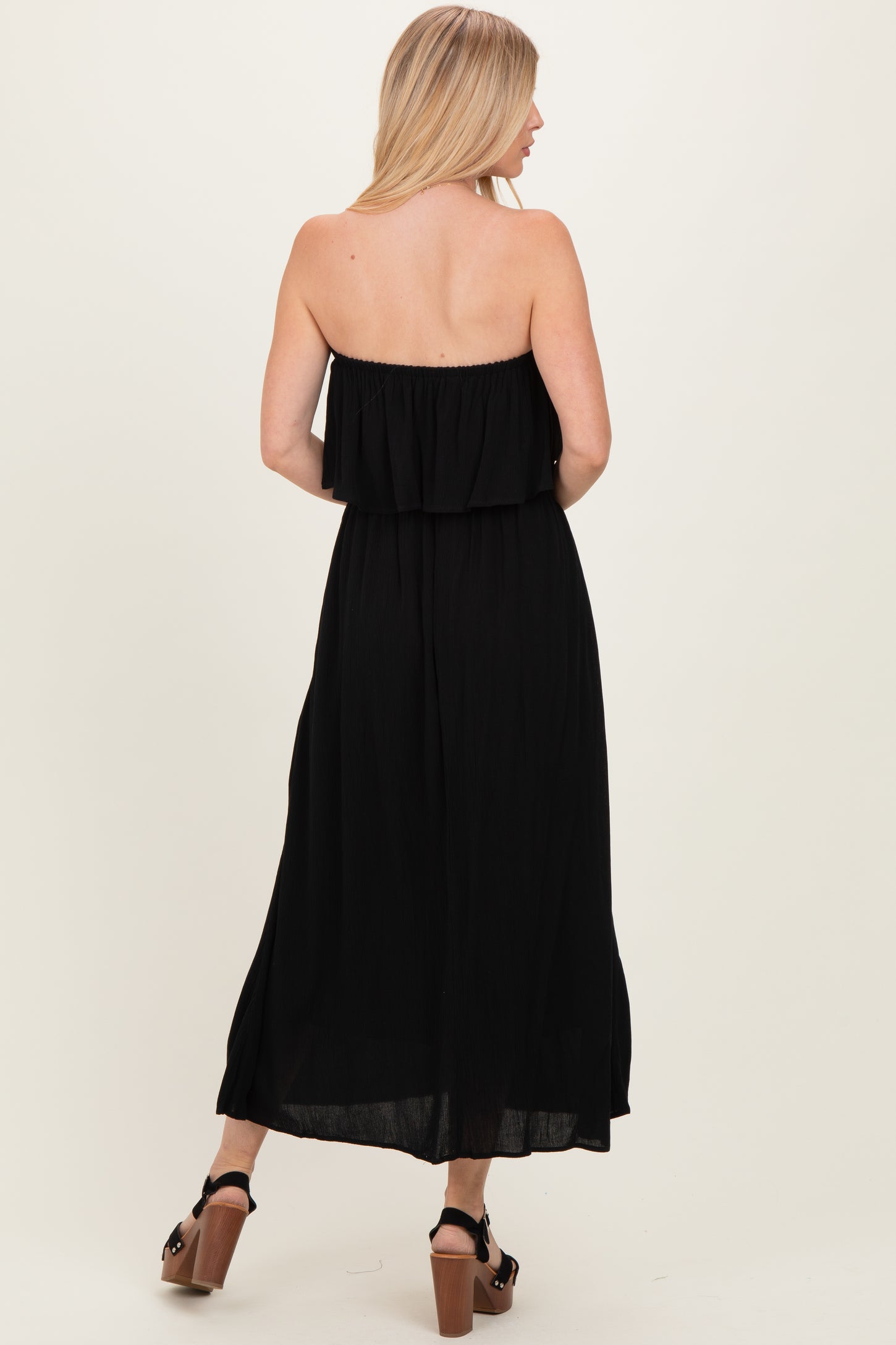 Black Woven Crinkle Flounce Strapless Maxi Dress