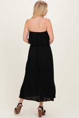 Black Woven Crinkle Flounce Strapless Maxi Dress