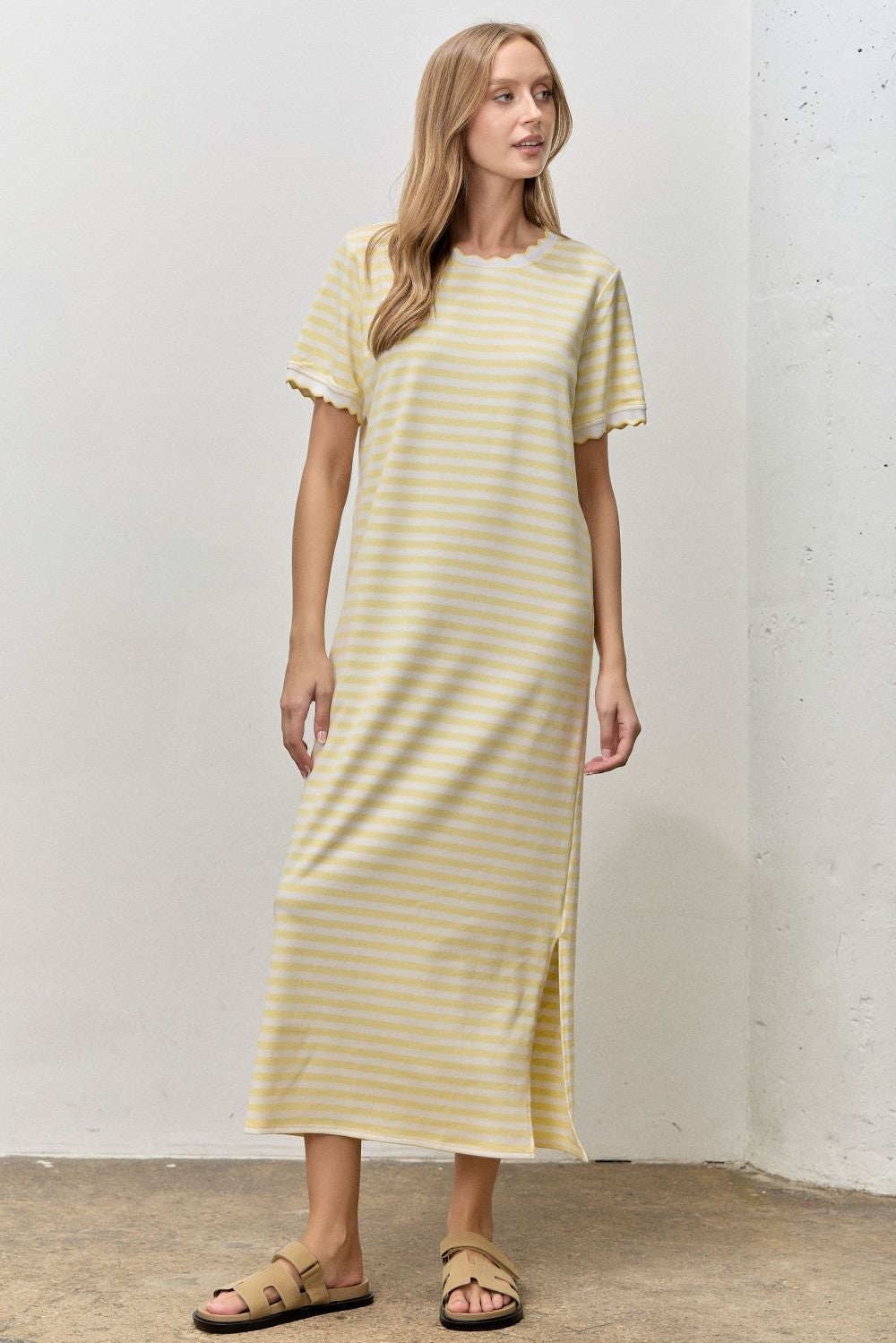 Butter Yellow Striped Scallop Trim Short Sleeve Maternity Maxi Dress
