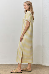 Butter Yellow Striped Scallop Trim Short Sleeve Maxi Dress