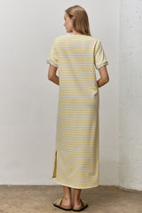 Butter Yellow Striped Scallop Trim Short Sleeve Maxi Dress