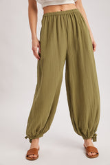 Olive Cotton Gauze Tie Hem Pants