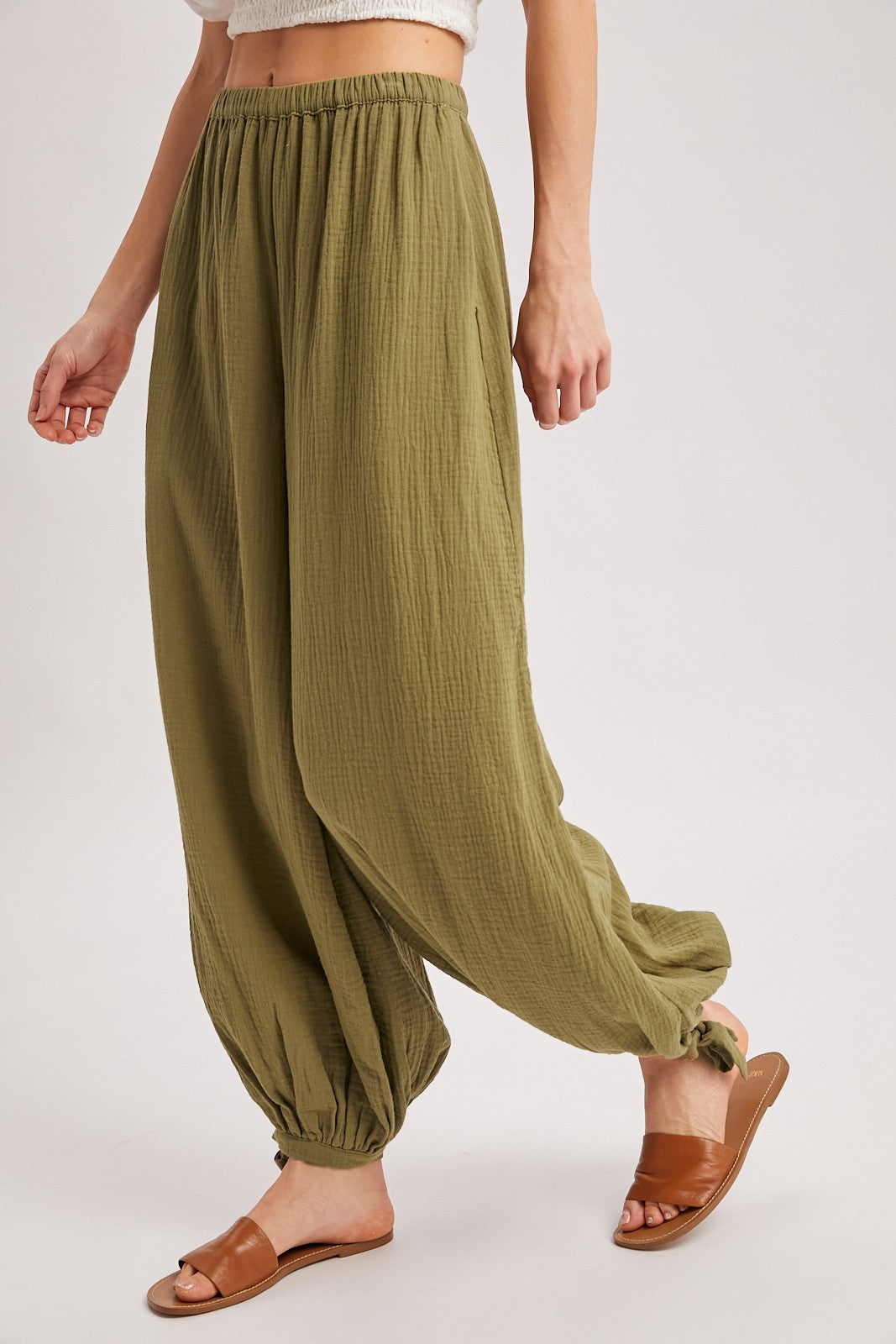 Olive Cotton Gauze Tie Hem Pants