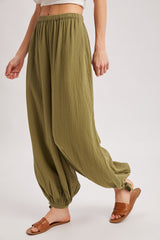 Olive Cotton Gauze Tie Hem Pants