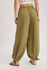 Olive Cotton Gauze Tie Hem Pants